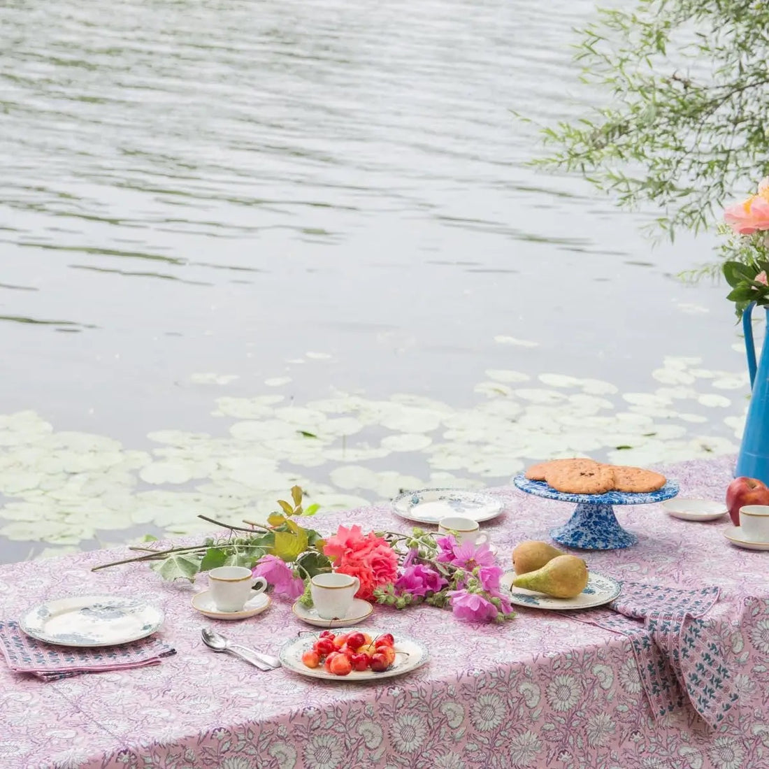 Nappe fleurie CARLA - Rose/Blanc