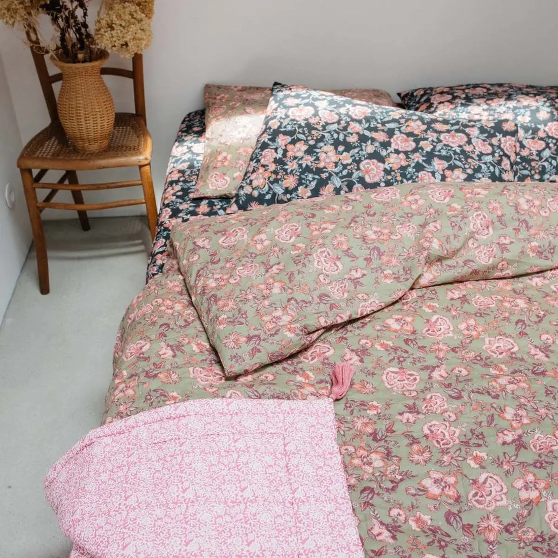 Courtepointe réversible Vert Kaki/Rose - 90 x 120