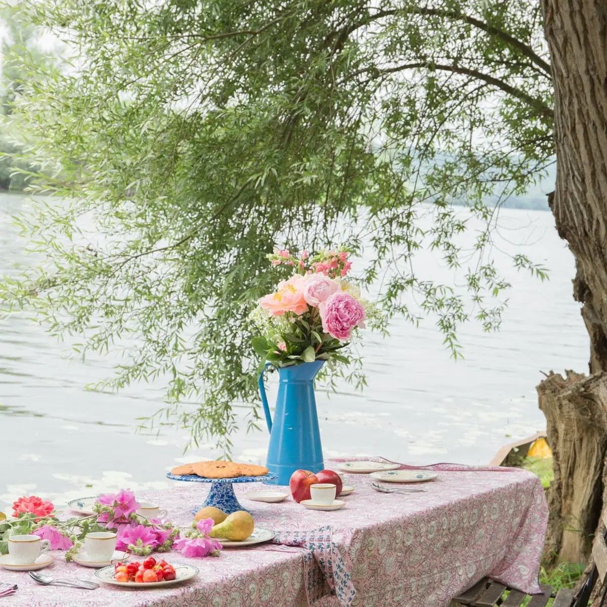 Nappe fleurie CARLA - Rose/Blanc