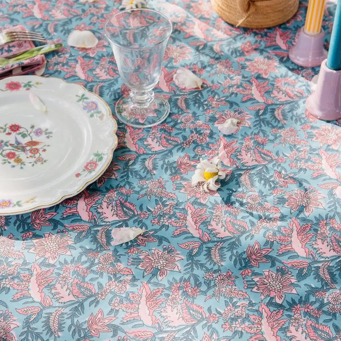 Nappe fleurie CARLA - Bleu/Rose