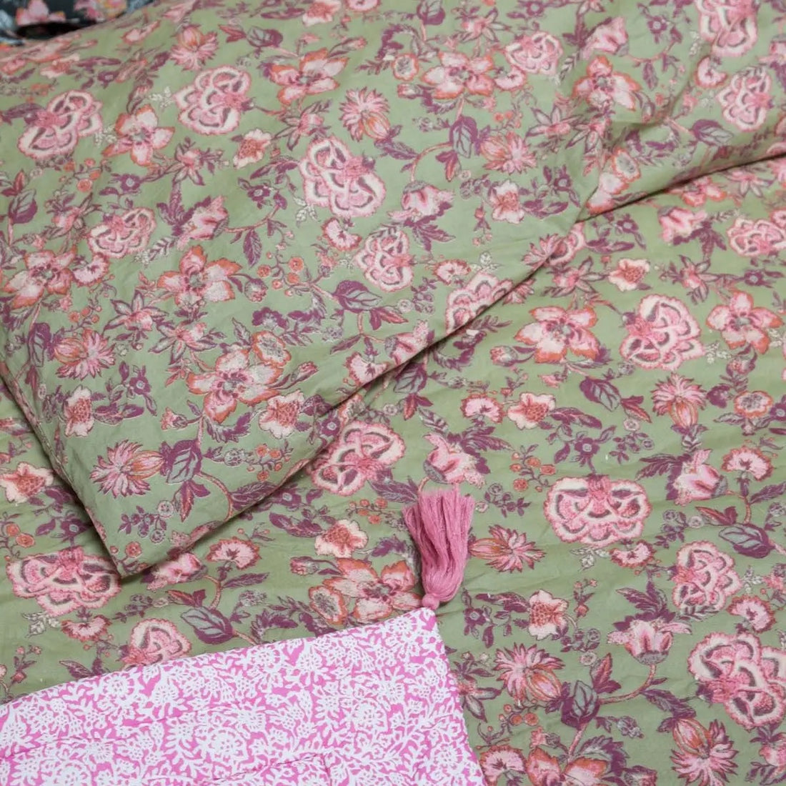 Courtepointe réversible Vert Kaki/Rose - 90 x 120