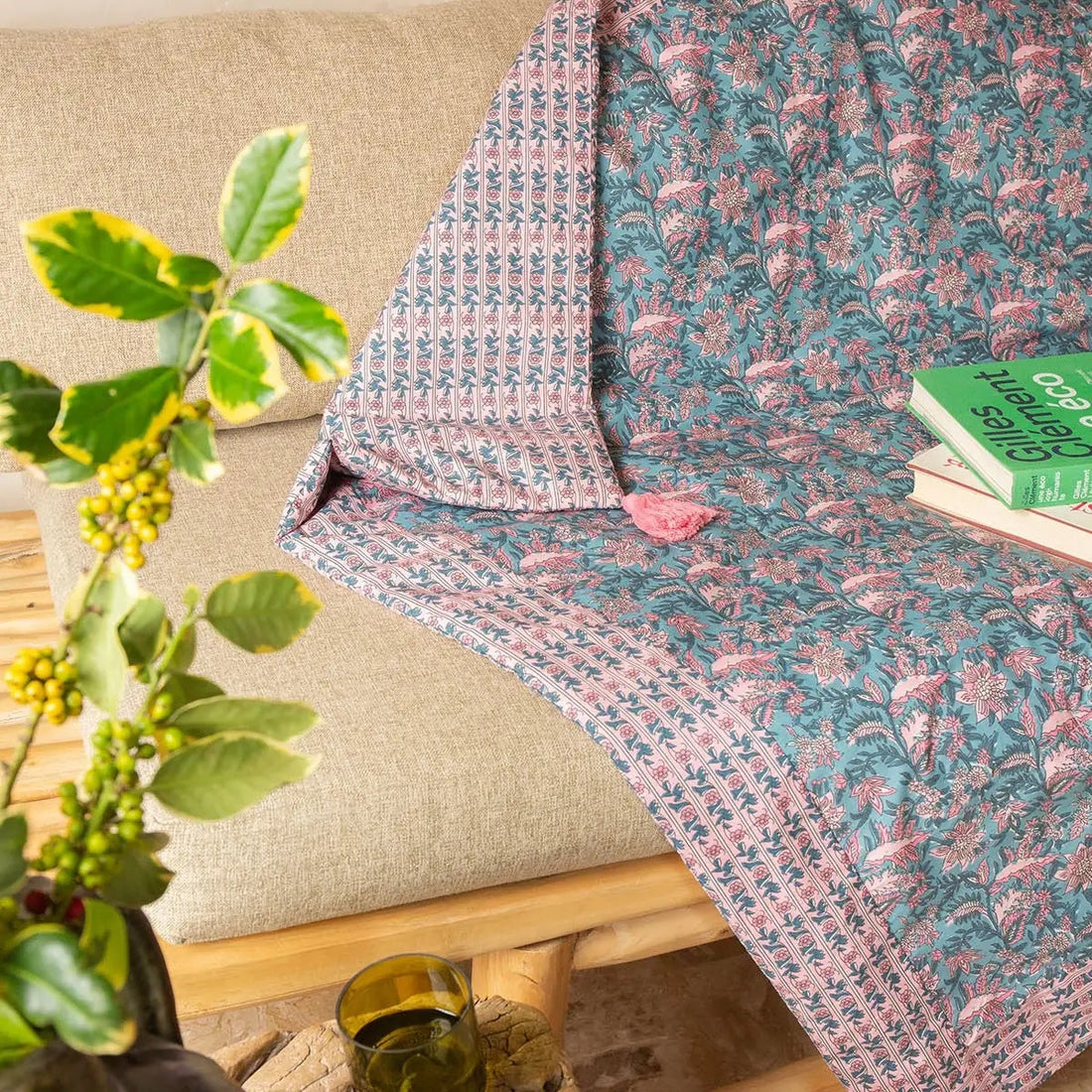 Courtepointe réversible Turquoise/Rose